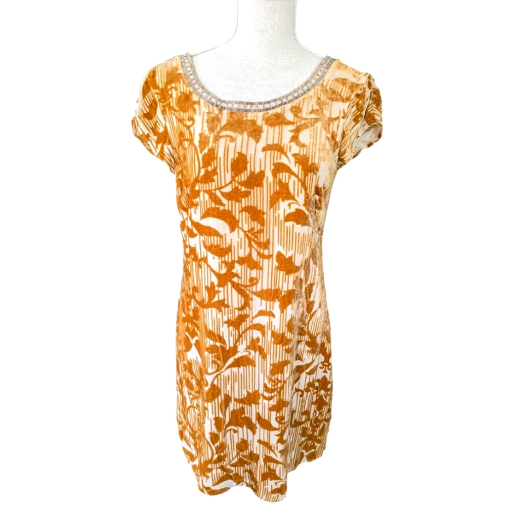 SUNDANCE‎ gold Velvet Burnout Floral Silk Blend Dress size 6 Lightweight